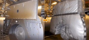 before and after photograph show a boiler with and without a removable insulation jacket